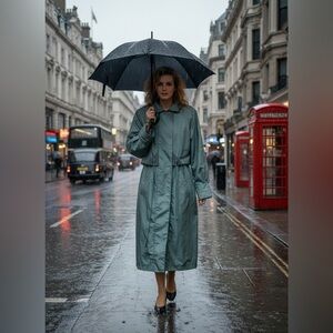 Mariel raincoat shown is a vintage 1980s or 90s era garment